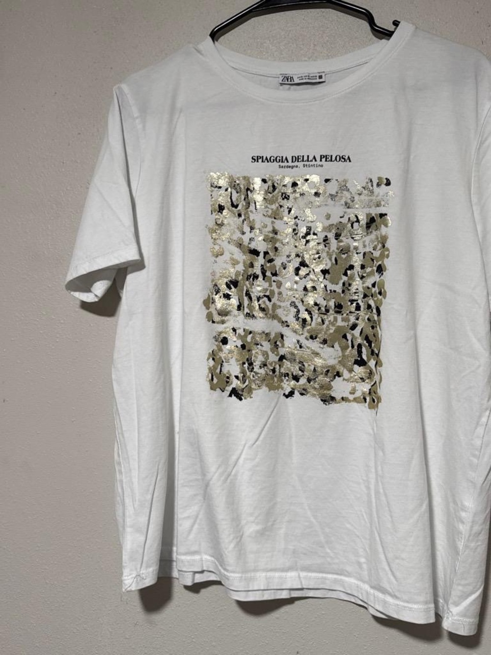 Zara White Long Sleeve Tee with Gold Metallic Graphic